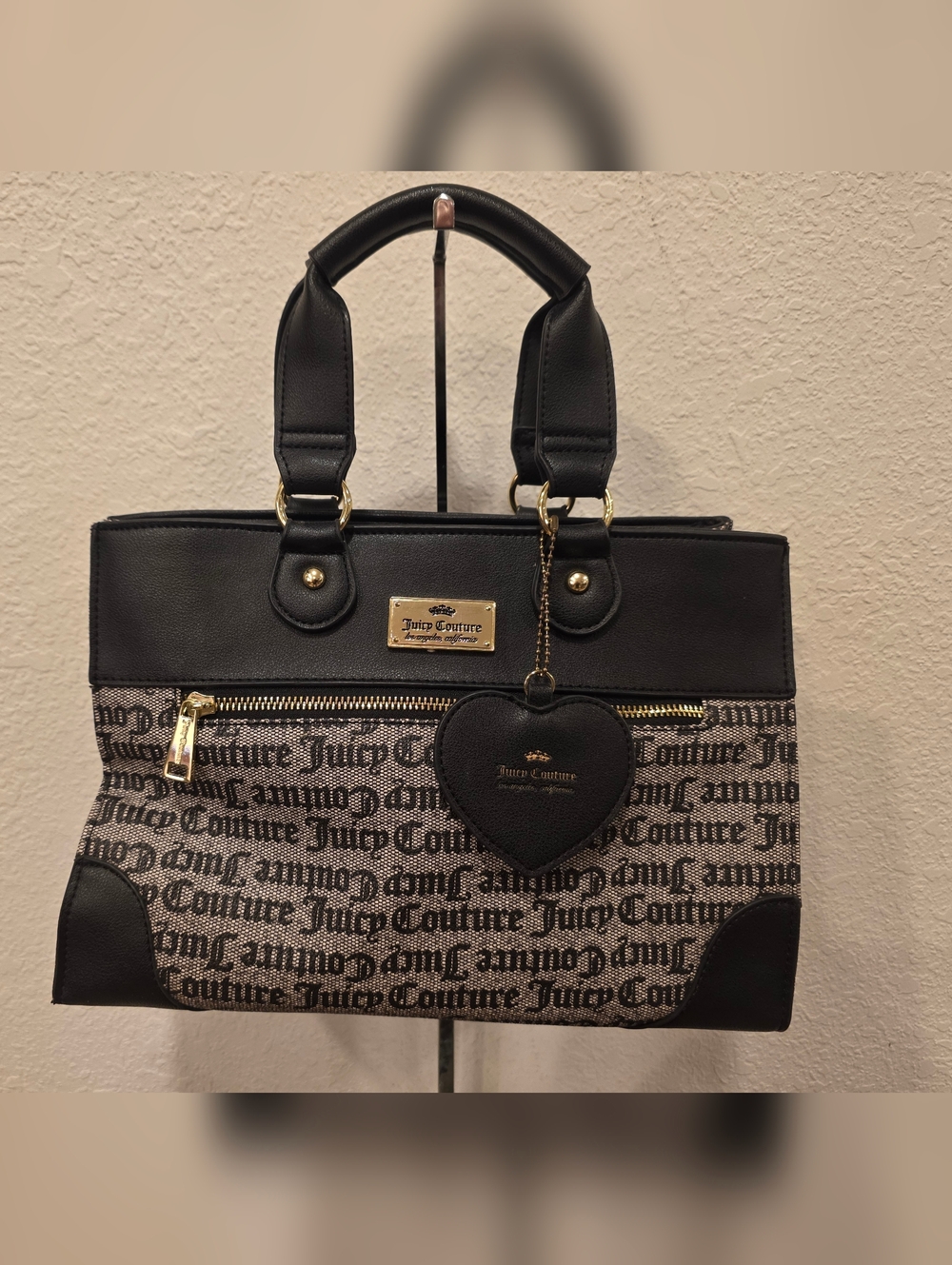 Juicy Couture Popout Heart Black & Gray Logo Canvas Tote